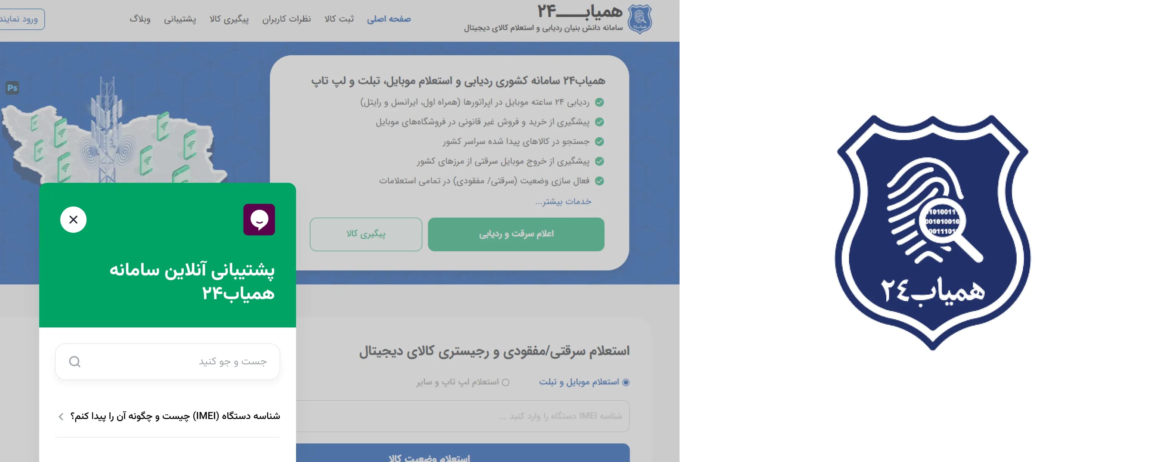 The Hamyab24 platform website with the Raychat online support widget